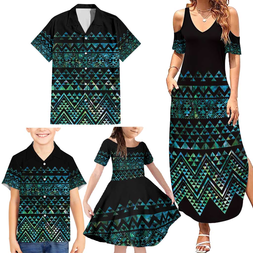 Maori Niho Taniwha Te Wheiao Family Matching Summer Maxi Dress and Hawaiian Shirt Paua Shell - Polynesian Pride