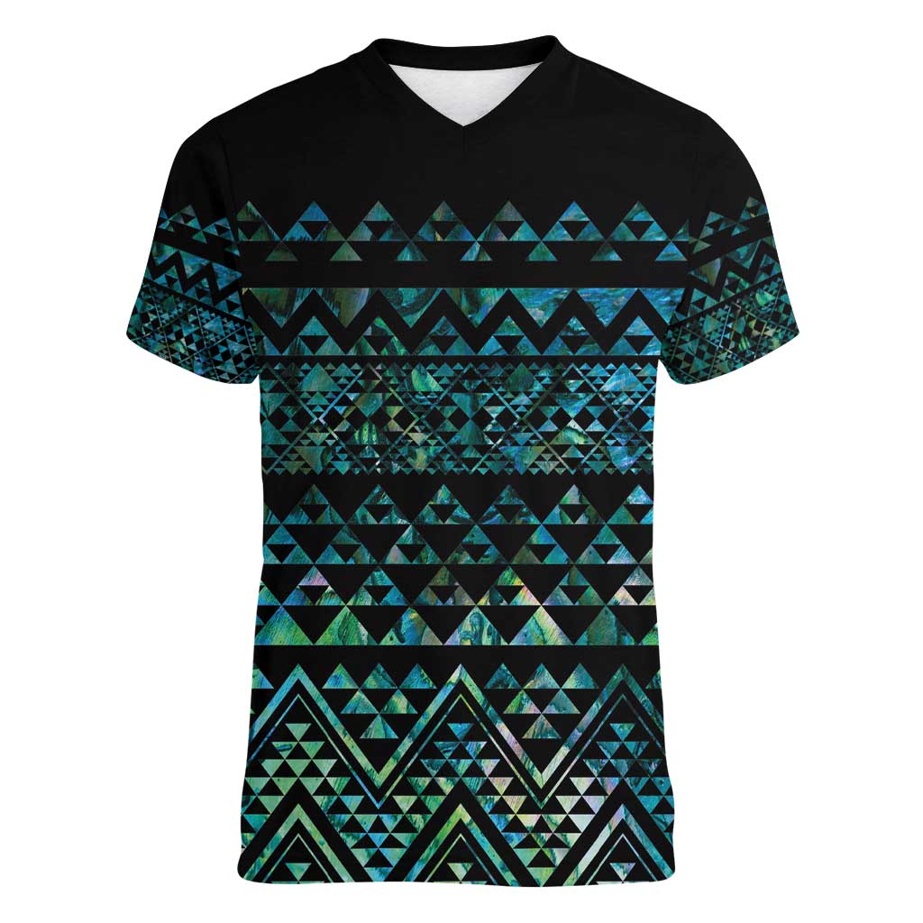 Maori Niho Taniwha Te Wheiao Women V-Neck T-Shirt Paua Shell - Polynesian Pride