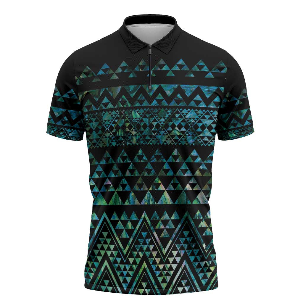 Maori Niho Taniwha Te Wheiao Zipper Polo Shirt Paua Shell - Polynesian Pride