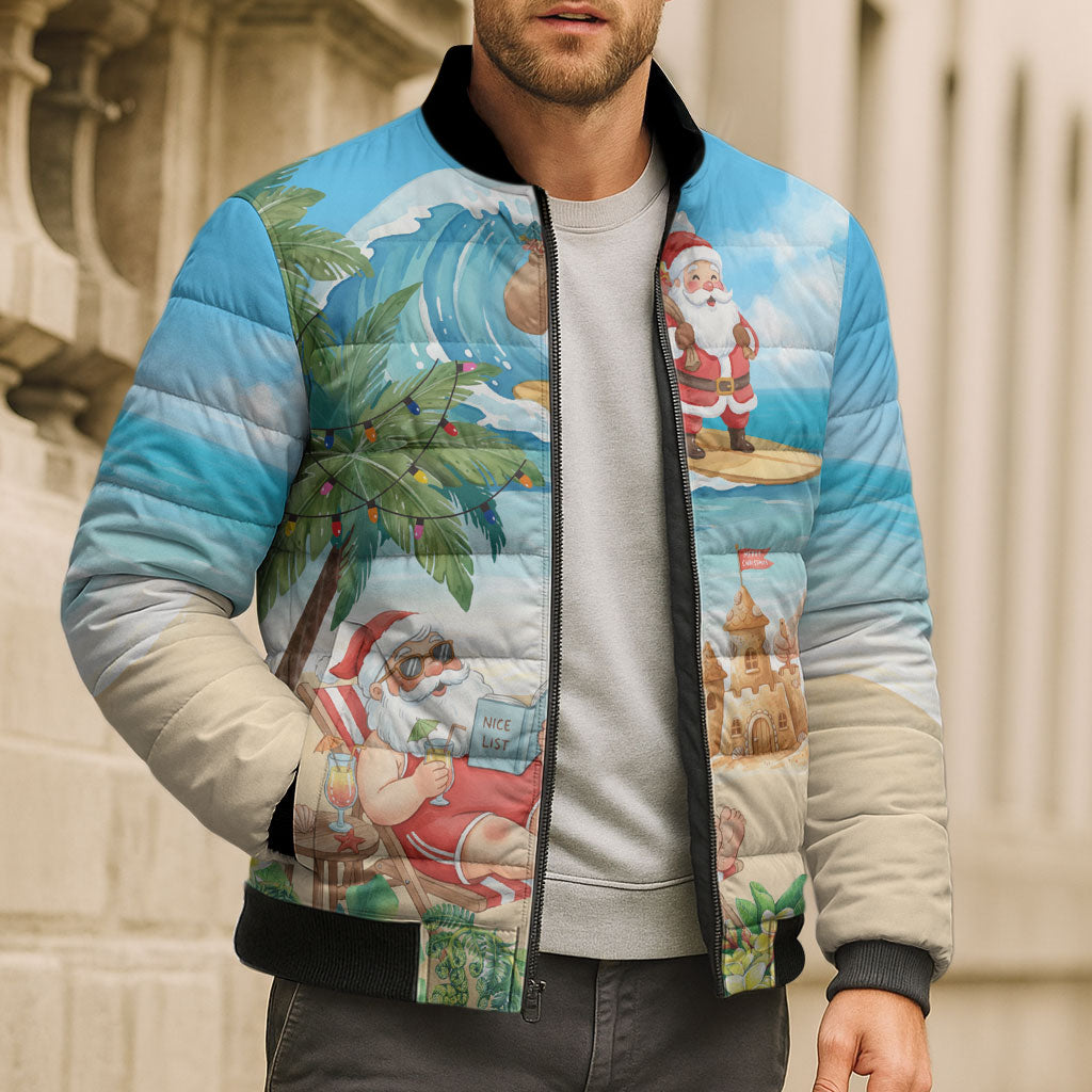 Tropical Christmas Funny Santa Bomber Puffer Jacket Beach Vacation