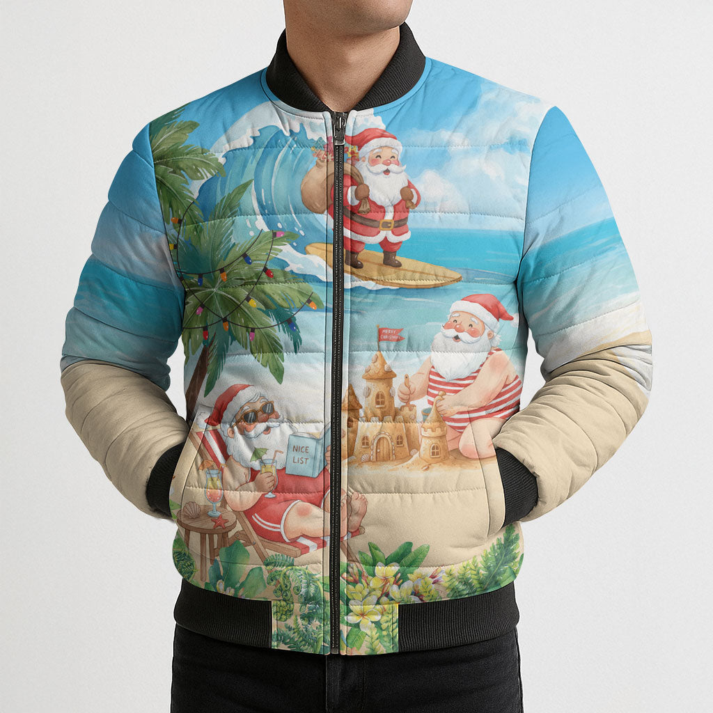 Tropical Christmas Funny Santa Bomber Puffer Jacket Beach Vacation
