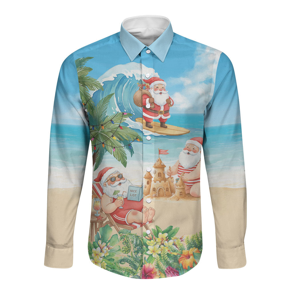 Tropical Christmas Funny Santa Long Sleeve Button Shirt Beach Vacation