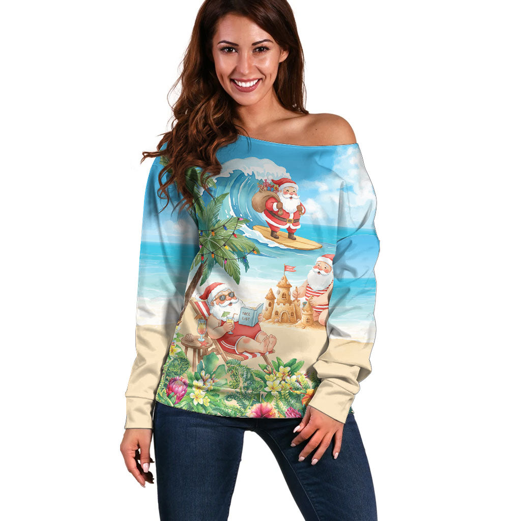 Tropical Christmas Funny Santa Off Shoulder Sweater Beach Vacation