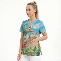 Tropical Christmas Funny Santa Scrub Top Beach Vacation