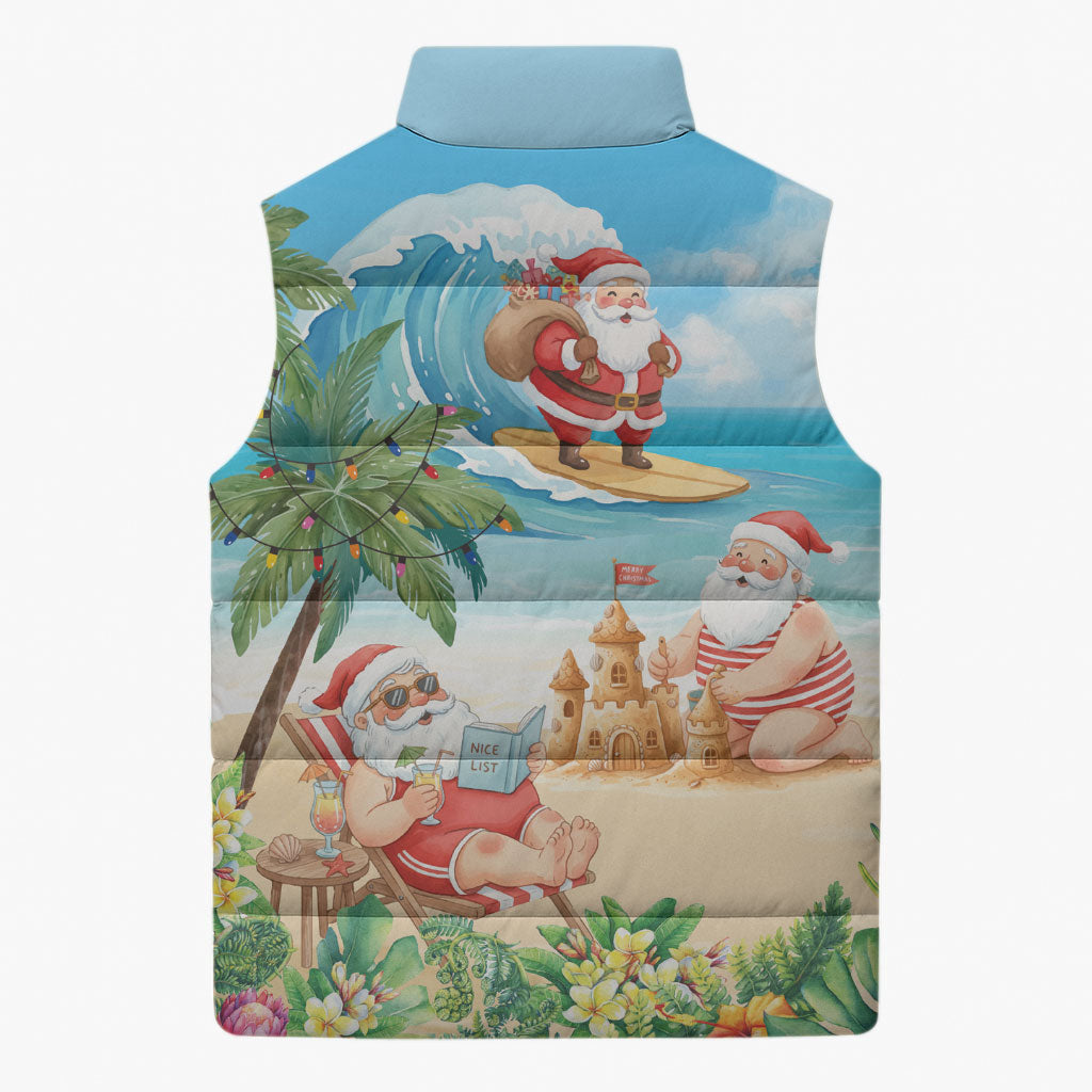 Tropical Christmas Funny Santa Sleeveless Puffer Jacket Beach Vacation