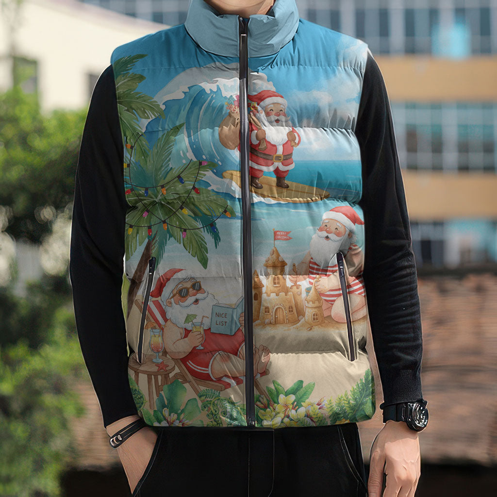 Tropical Christmas Funny Santa Sleeveless Puffer Jacket Beach Vacation