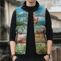 Tropical Christmas Funny Santa Sleeveless Puffer Jacket Beach Vacation