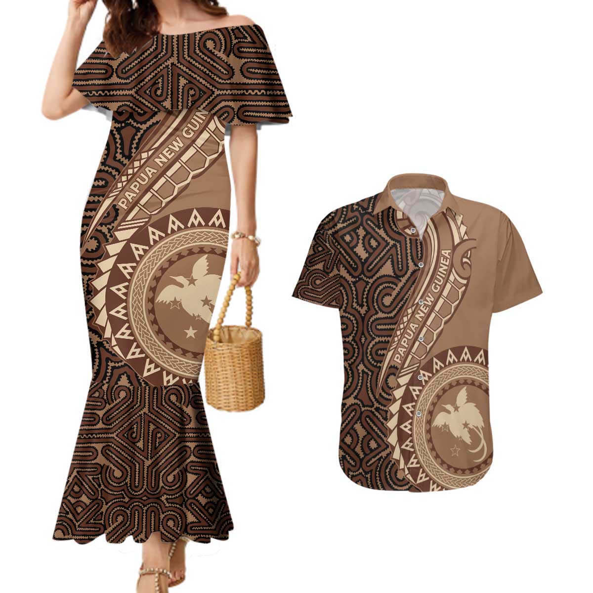 Papua New Guinea Oro Tapa Motif Couples Matching Mermaid Dress and Hawaiian Shirt Classic