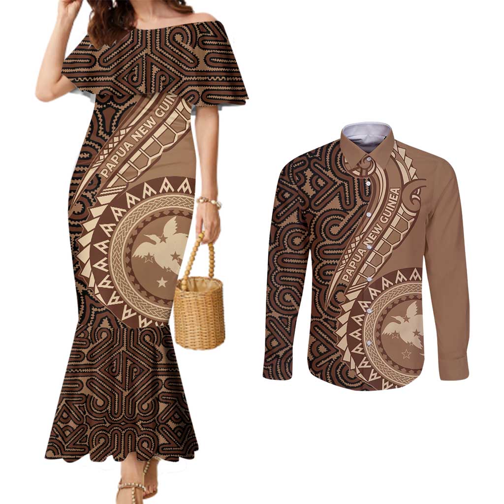 Papua New Guinea Oro Tapa Motif Couples Matching Mermaid Dress and Long Sleeve Button Shirt Classic