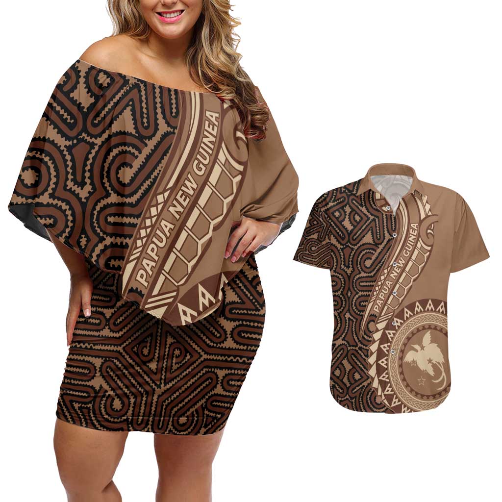 Papua New Guinea Oro Tapa Motif Couples Matching Off Shoulder Short Dress and Hawaiian Shirt Classic