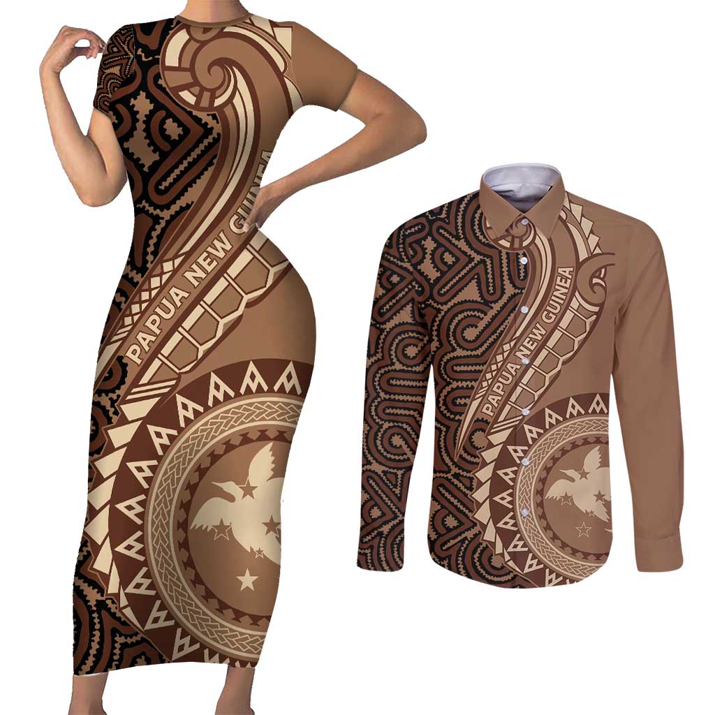 Papua New Guinea Oro Tapa Motif Couples Matching Short Sleeve Bodycon Dress and Long Sleeve Button Shirt Classic