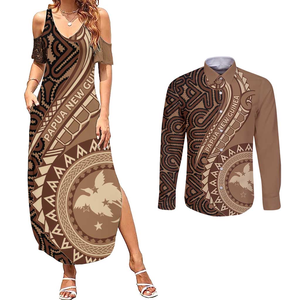 Papua New Guinea Oro Tapa Motif Couples Matching Summer Maxi Dress and Long Sleeve Button Shirt Classic