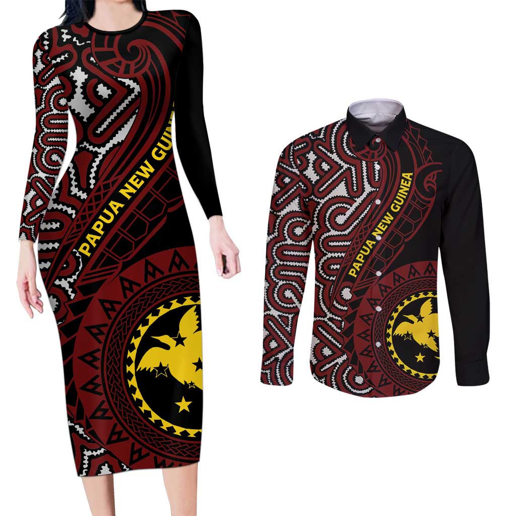 Papua New Guinea Oro Tapa Motif Couples Matching Long Sleeve Bodycon Dress and Long Sleeve Button Shirt Special