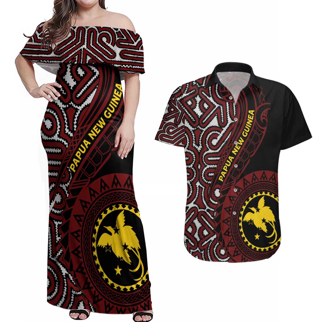 Papua New Guinea Oro Tapa Motif Couples Matching Off Shoulder Maxi Dress and Hawaiian Shirt Special LT7 Black - Polynesian Pride