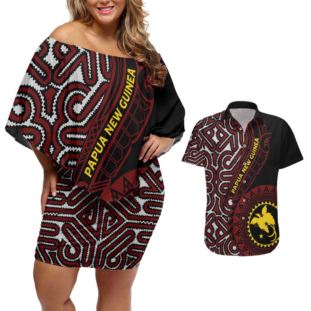 Papua New Guinea Oro Tapa Motif Couples Matching Off Shoulder Short Dress and Hawaiian Shirt Special