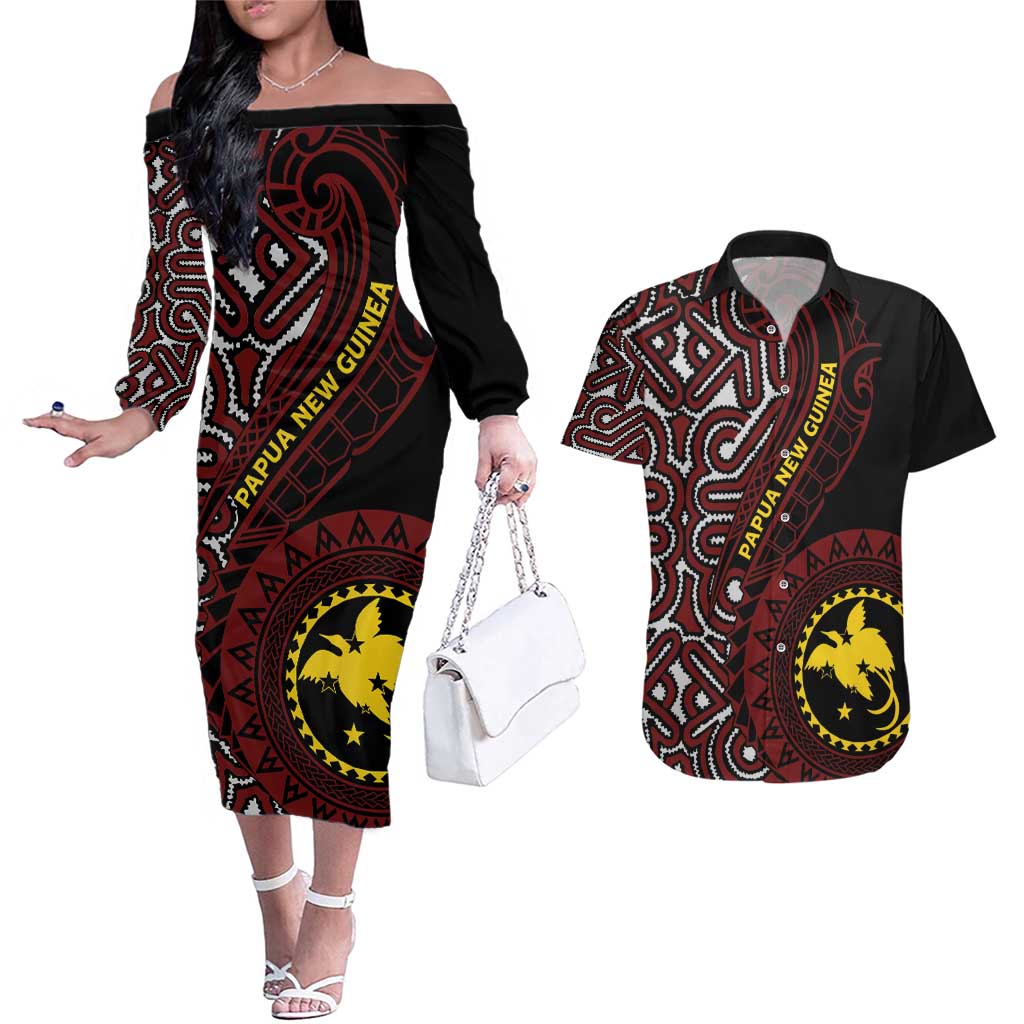 Papua New Guinea Oro Tapa Motif Couples Matching Off The Shoulder Long Sleeve Dress and Hawaiian Shirt Special