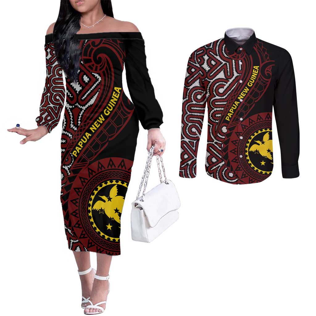 Papua New Guinea Oro Tapa Motif Couples Matching Off The Shoulder Long Sleeve Dress and Long Sleeve Button Shirt Special