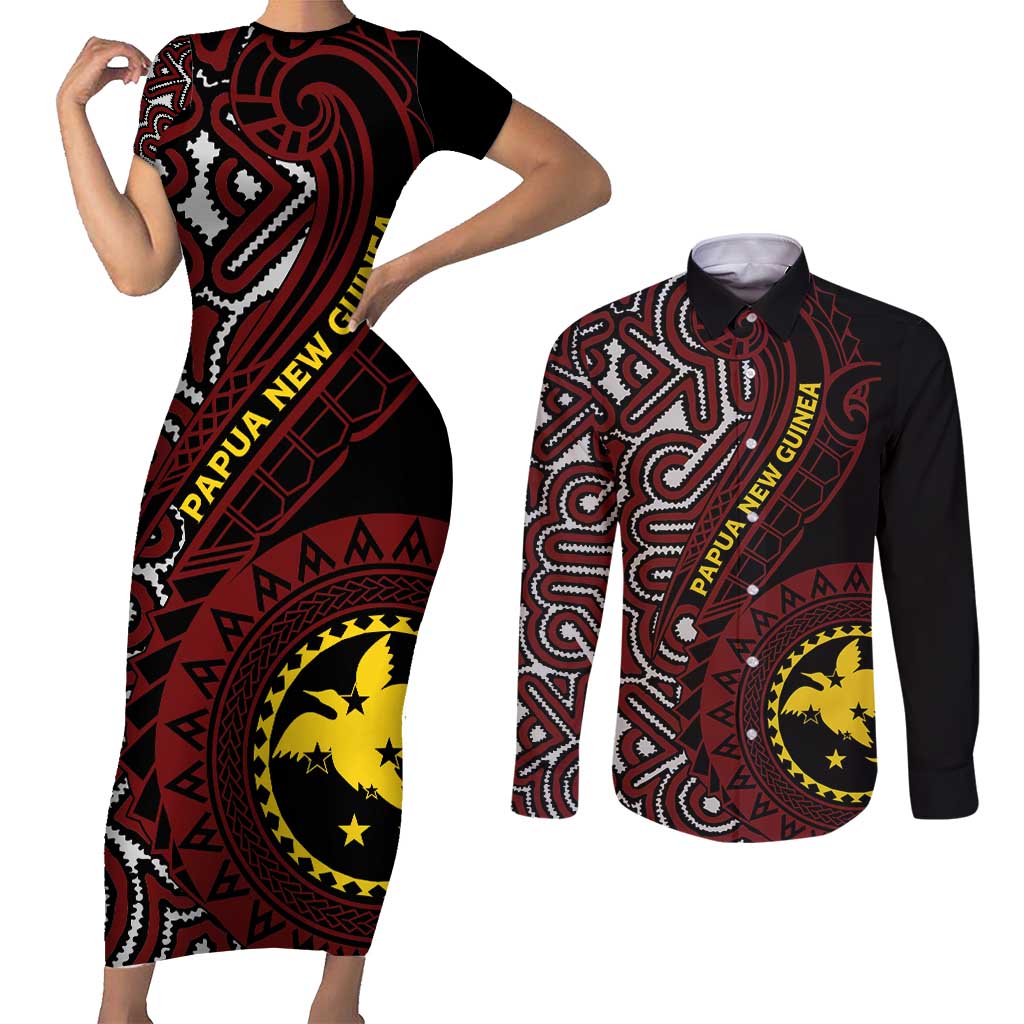 Papua New Guinea Oro Tapa Motif Couples Matching Short Sleeve Bodycon Dress and Long Sleeve Button Shirt Special