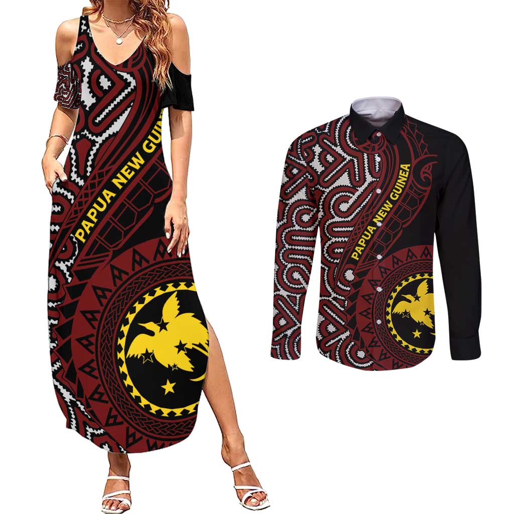 Papua New Guinea Oro Tapa Motif Couples Matching Summer Maxi Dress and Long Sleeve Button Shirt Special