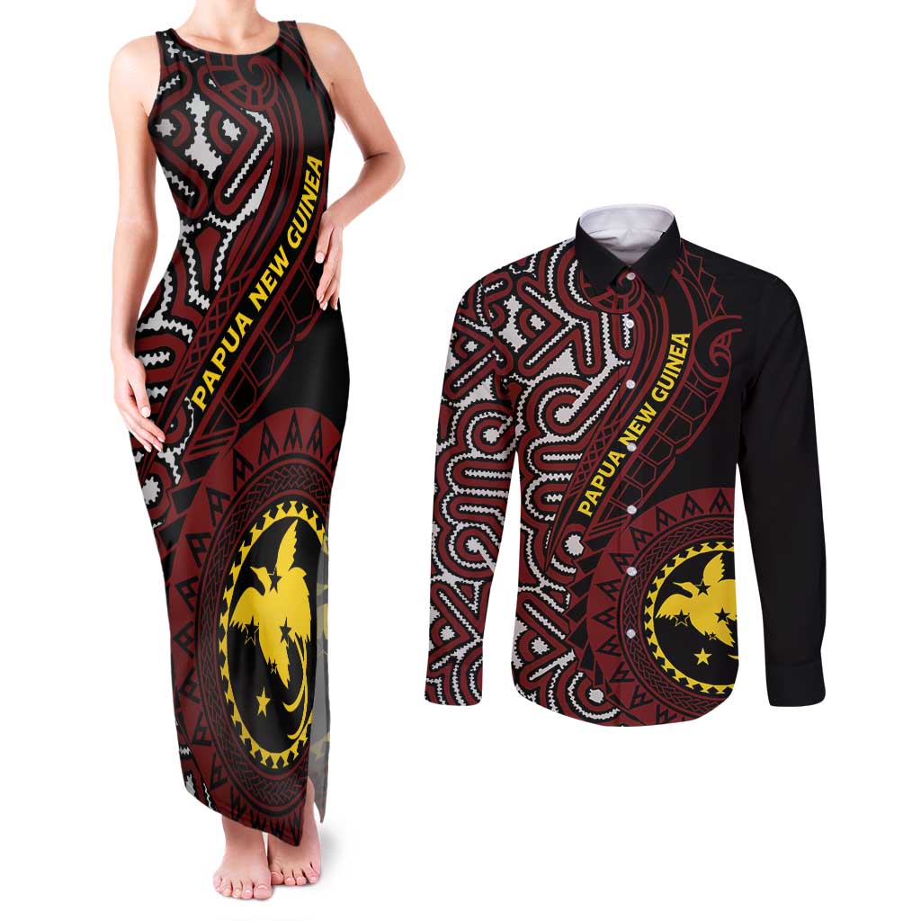 Papua New Guinea Oro Tapa Motif Couples Matching Tank Maxi Dress and Long Sleeve Button Shirt Special