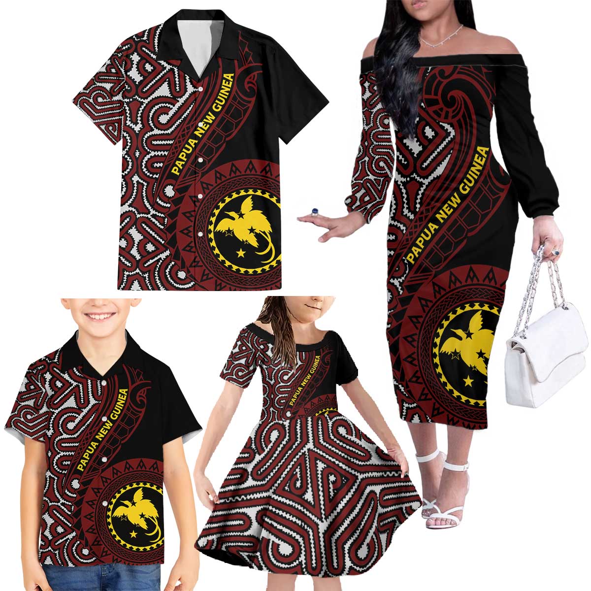 Papua New Guinea Oro Tapa Motif Family Matching Off The Shoulder Long Sleeve Dress and Hawaiian Shirt Special