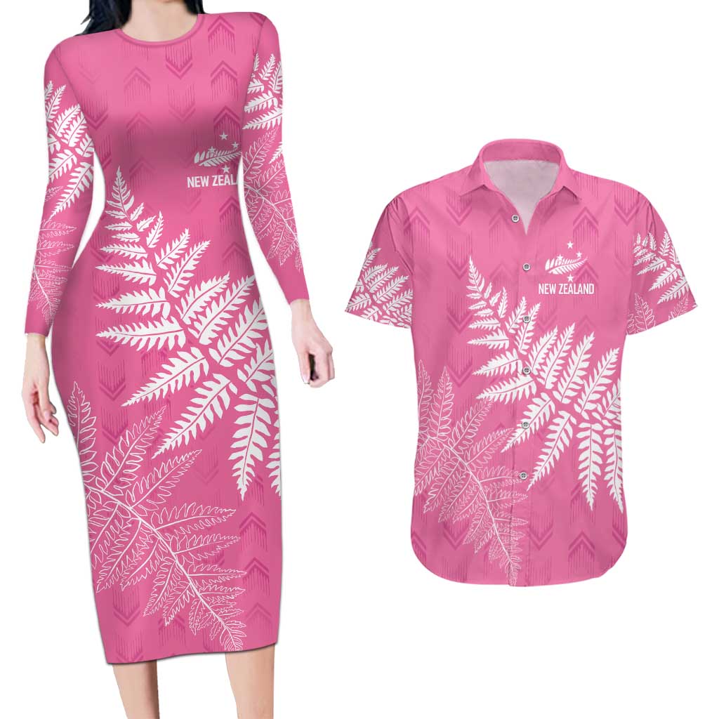 New Zealand Lawn Bowls Breast Cancer Personalized Couples Matching Long Sleeve Bodycon Dress and Hawaiian Shirt Wrap-Around Silver Fern - Polynesian Pride
