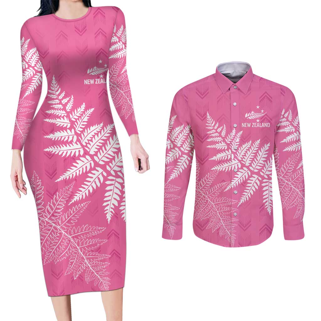 New Zealand Lawn Bowls Breast Cancer Personalized Couples Matching Long Sleeve Bodycon Dress and Long Sleeve Button Shirt Wrap-Around Silver Fern - Polynesian Pride