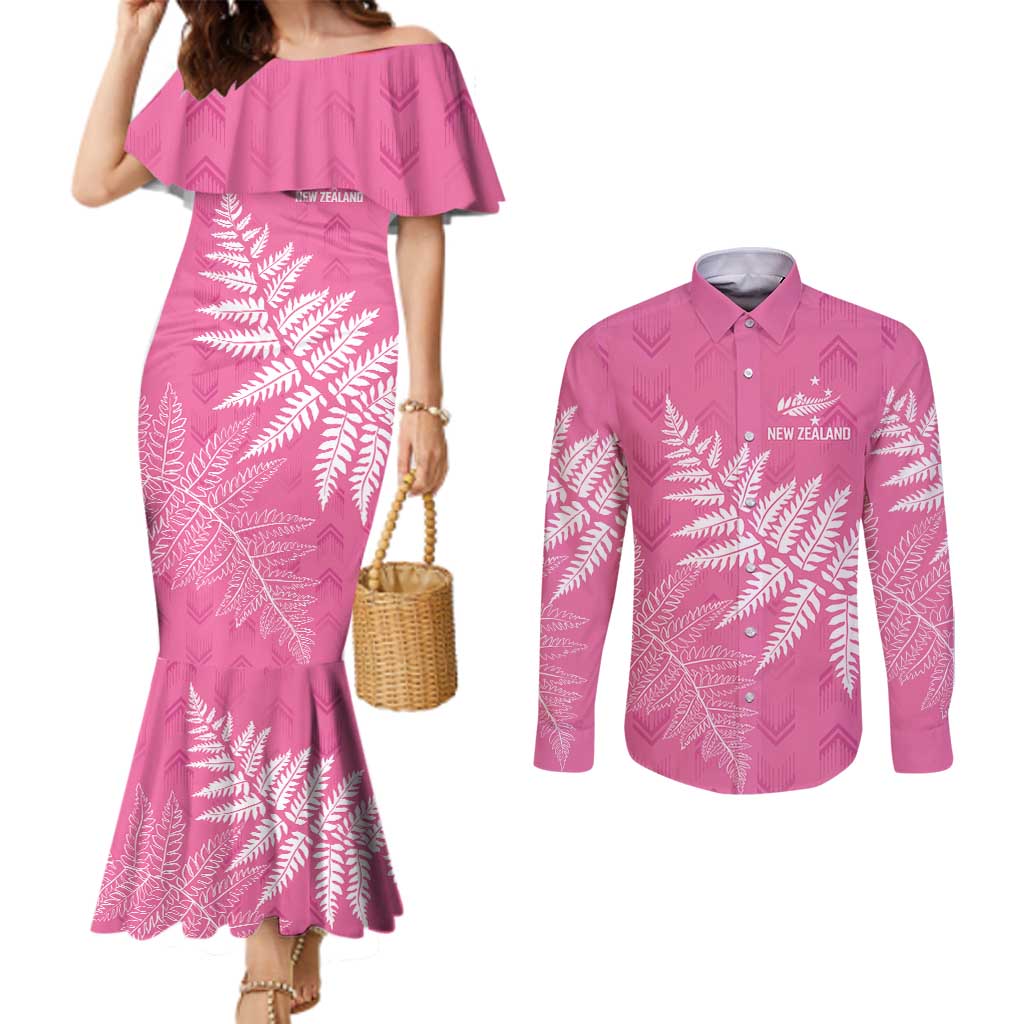 New Zealand Lawn Bowls Breast Cancer Personalized Couples Matching Mermaid Dress and Long Sleeve Button Shirt Wrap-Around Silver Fern - Polynesian Pride