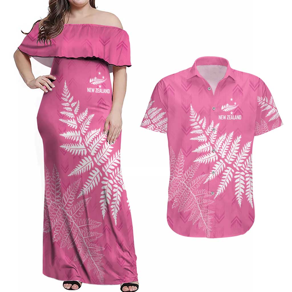 New Zealand Lawn Bowls Breast Cancer Personalized Couples Matching Off Shoulder Maxi Dress and Hawaiian Shirt Wrap-Around Silver Fern - Polynesian Pride