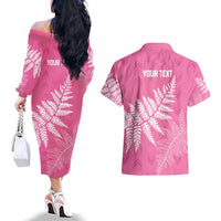 New Zealand Lawn Bowls Breast Cancer Personalized Couples Matching Off The Shoulder Long Sleeve Dress and Hawaiian Shirt Wrap-Around Silver Fern - Polynesian Pride
