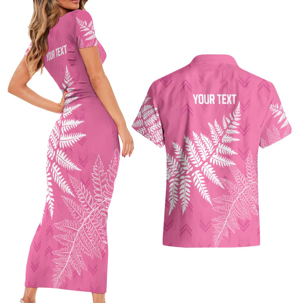 New Zealand Lawn Bowls Breast Cancer Personalized Couples Matching Short Sleeve Bodycon Dress and Hawaiian Shirt Wrap-Around Silver Fern - Polynesian Pride