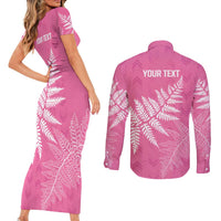 New Zealand Lawn Bowls Breast Cancer Personalized Couples Matching Short Sleeve Bodycon Dress and Long Sleeve Button Shirt Wrap-Around Silver Fern - Polynesian Pride