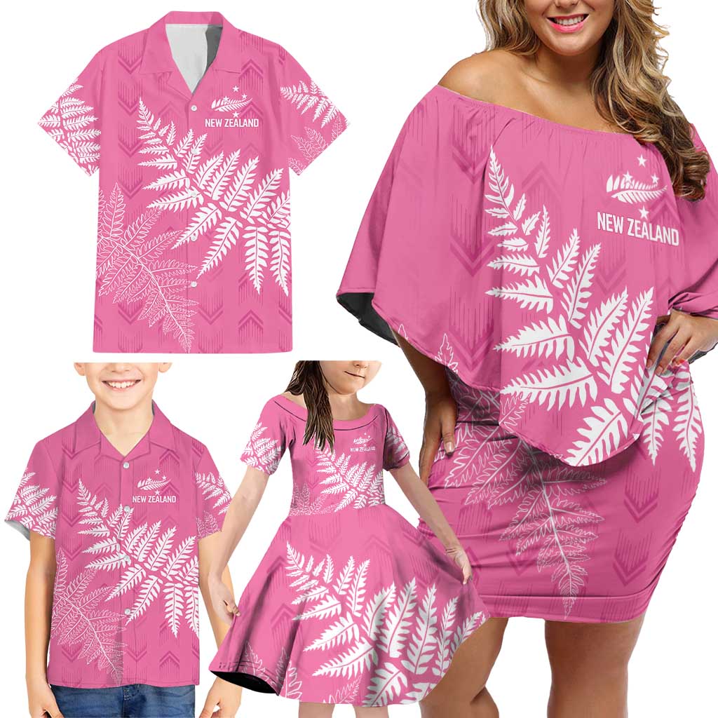 New Zealand Lawn Bowls Breast Cancer Personalized Family Matching Off Shoulder Short Dress and Hawaiian Shirt Wrap-Around Silver Fern - Polynesian Pride
