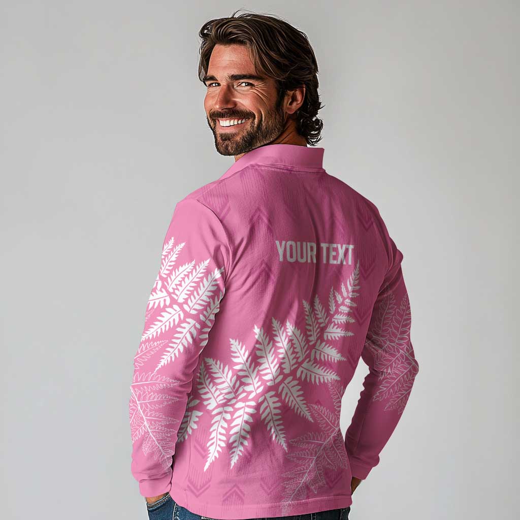 New Zealand Lawn Bowls Breast Cancer Personalized Long Sleeve Polo Shirt Wrap-Around Silver Fern - Polynesian Pride