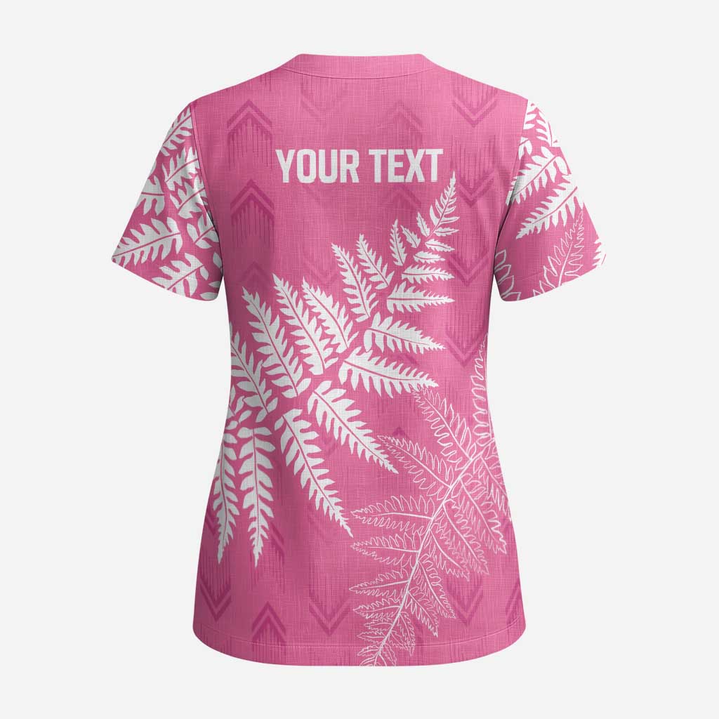 New Zealand Lawn Bowls Breast Cancer Personalized Scrub Top Wrap-Around Silver Fern - Polynesian Pride