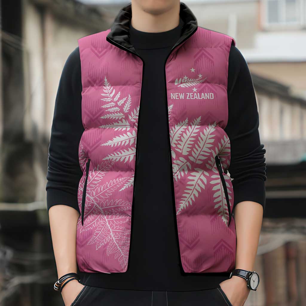 New Zealand Lawn Bowls Breast Cancer Personalized Sleeveless Puffer Jacket Wrap-Around Silver Fern - Polynesian Pride
