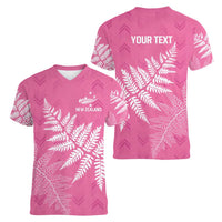 New Zealand Lawn Bowls Breast Cancer Personalized Women V-Neck T-Shirt Wrap-Around Silver Fern - Polynesian Pride