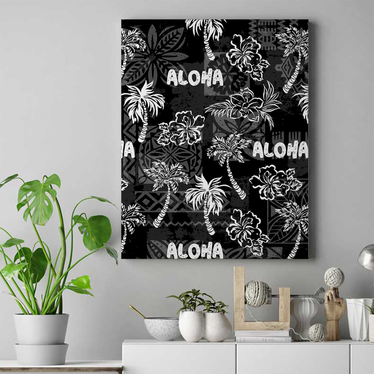 Aloha Vintage Quilt Canvas Wall Art Hawaiian Seamless - Black LT7 Black - Polynesian Pride