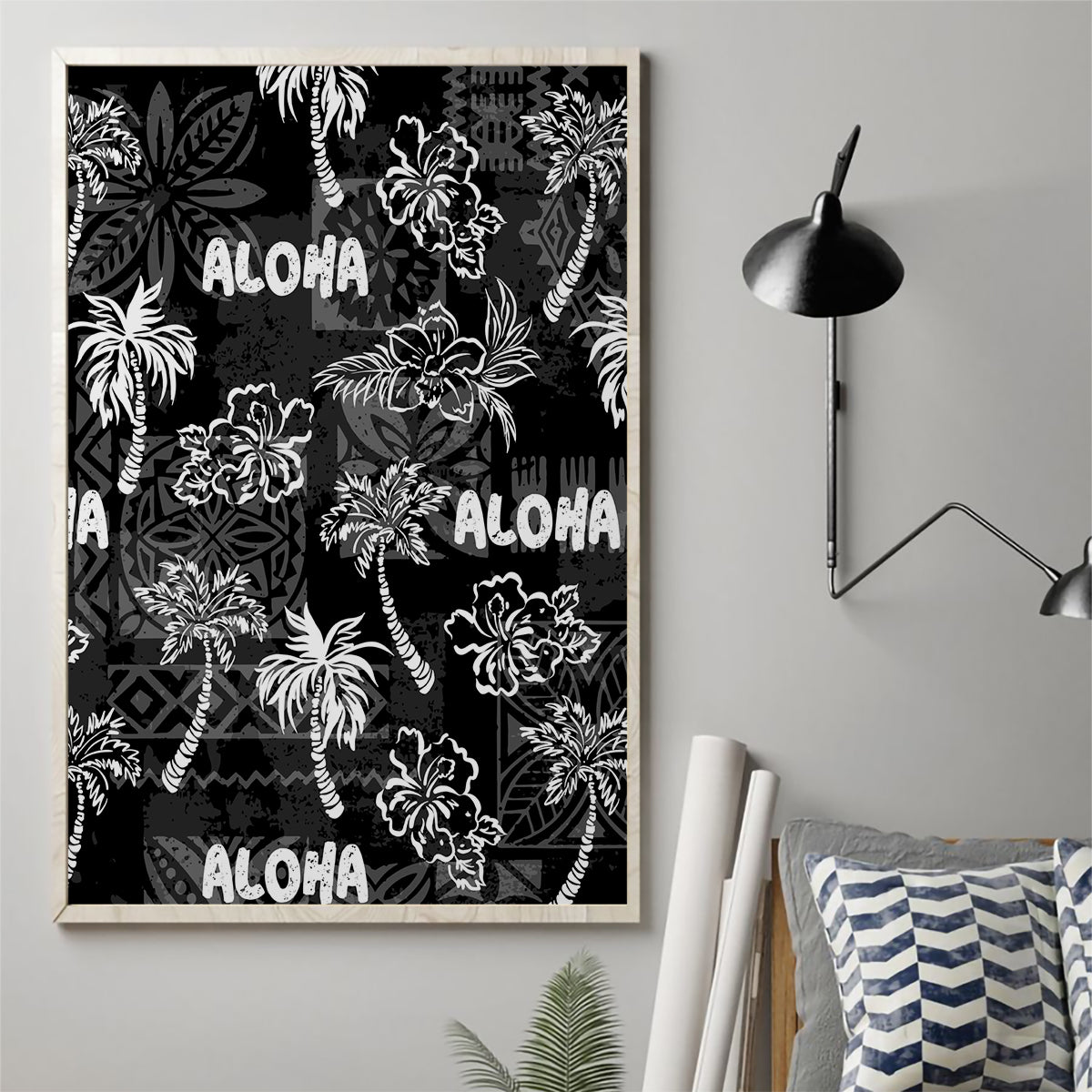 Aloha Vintage Quilt Canvas Wall Art Hawaiian Seamless - Black LT7 - Polynesian Pride