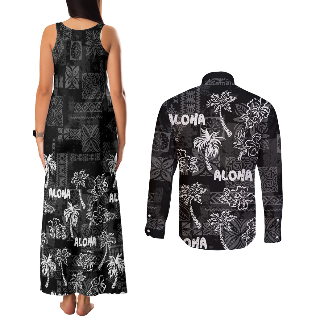 Aloha Vintage Quilt Couples Matching Tank Maxi Dress and Long Sleeve Button Shirt Hawaiian Seamless - Black LT7 - Polynesian Pride