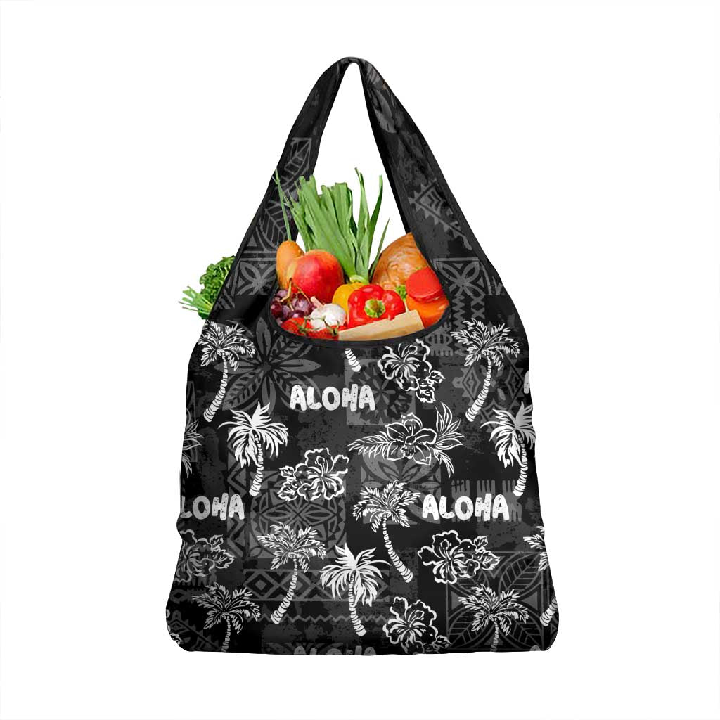 Aloha Vintage Quilt Grocery Bag Hawaiian Seamless - Black