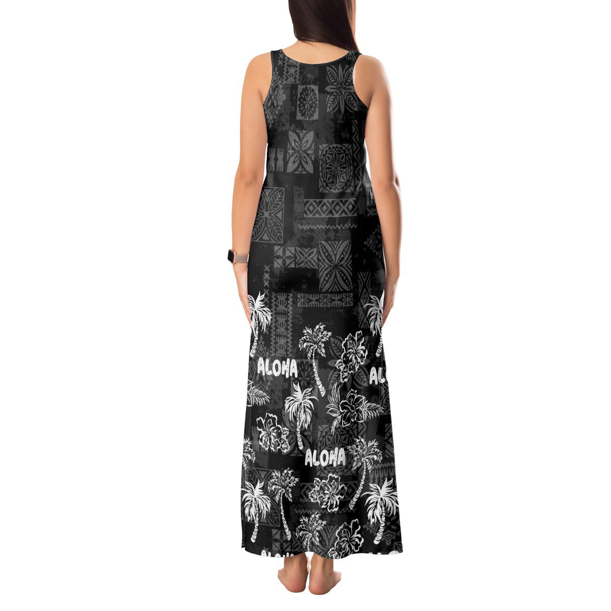 Aloha Vintage Quilt Tank Maxi Dress Hawaiian Seamless - Black LT7 - Polynesian Pride