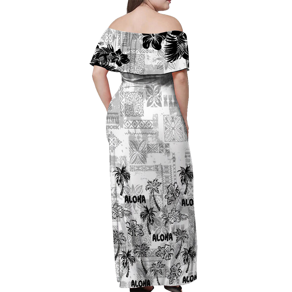 Aloha Vintage Quilt Off Shoulder Maxi Dress Hawaiian Seamless - White LT7 - Polynesian Pride