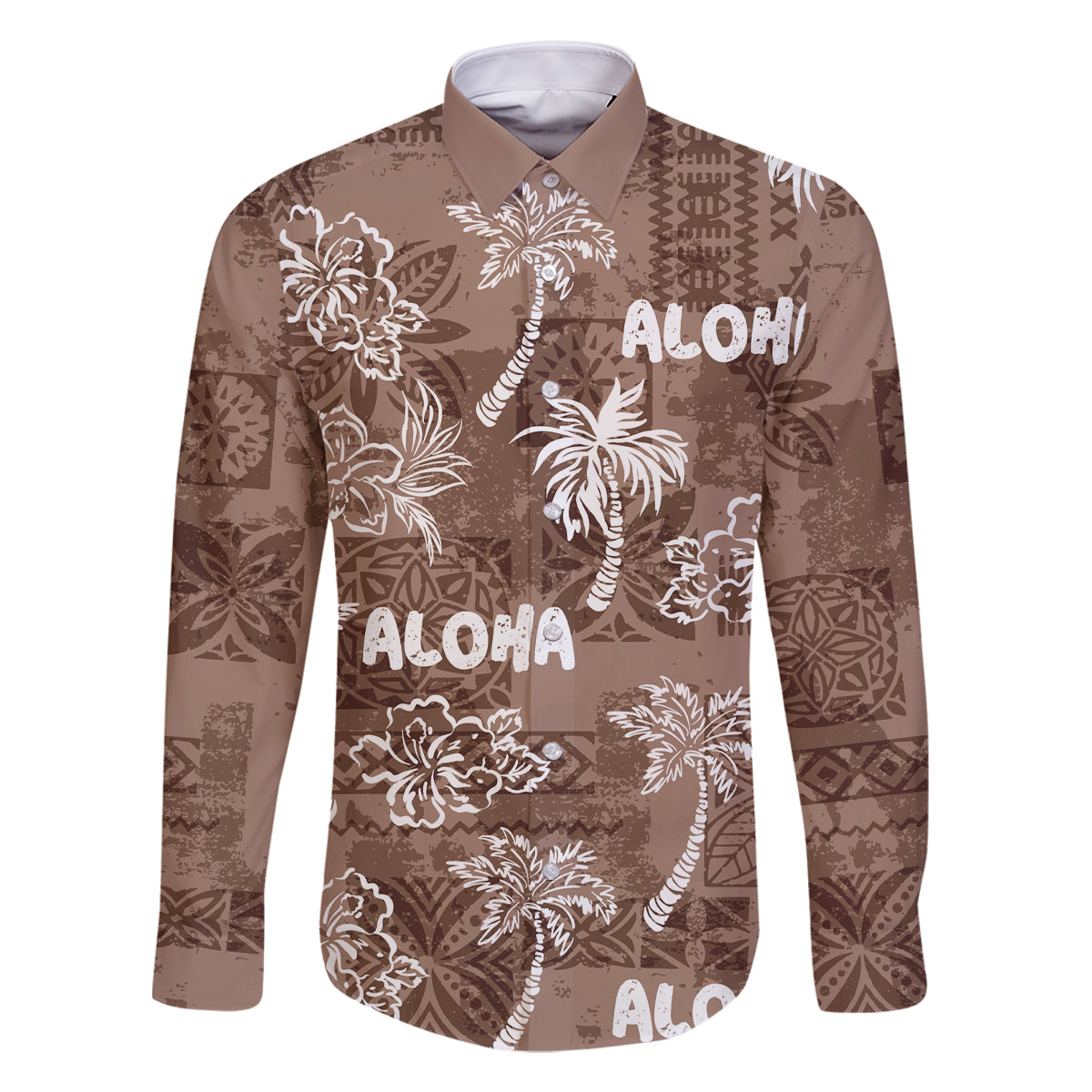Aloha Vintage Quilt Family Matching Off Shoulder Long Sleeve Dress and Hawaiian Shirt Hawaiian Seamless - Brown LT7 Dad's Shirt - Long Sleeve Brown - Polynesian Pride