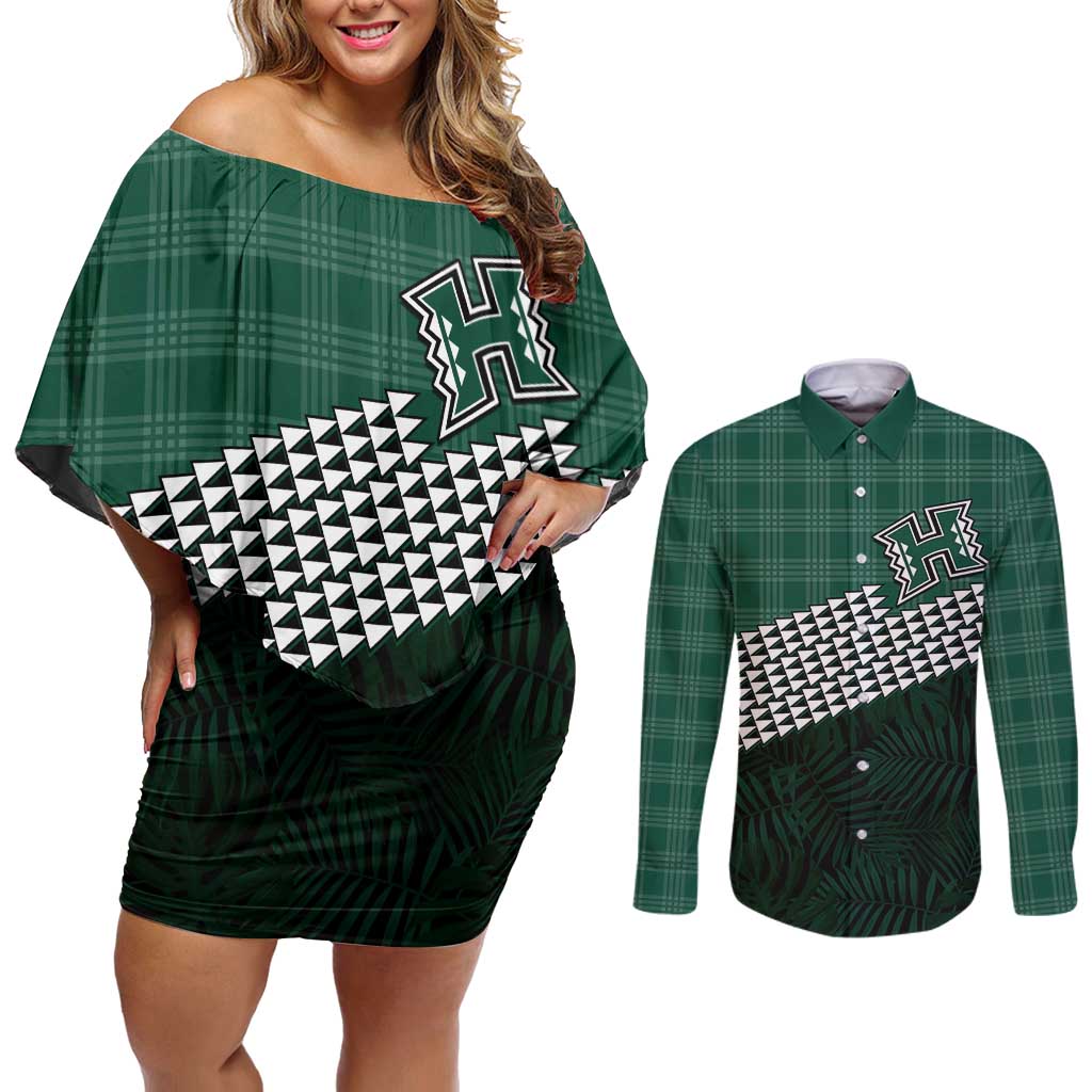Rainbow Warriors Hawaii Personalized Palaka Couples Matching Off Shoulder Short Dress and Long Sleeve Button Shirt - Polynesian Pride