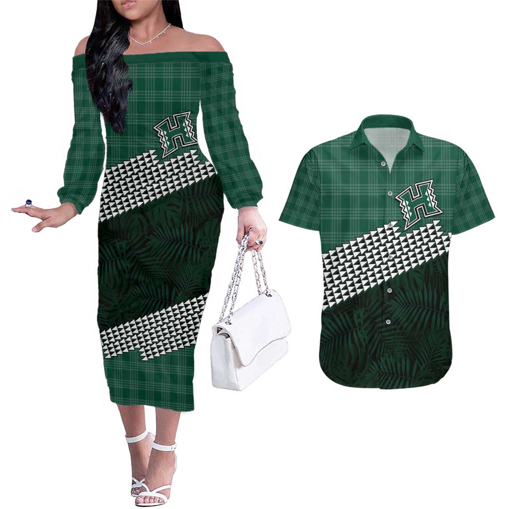 Rainbow Warriors Hawaii Personalized Palaka Couples Matching Off The Shoulder Long Sleeve Dress and Hawaiian Shirt - Polynesian Pride