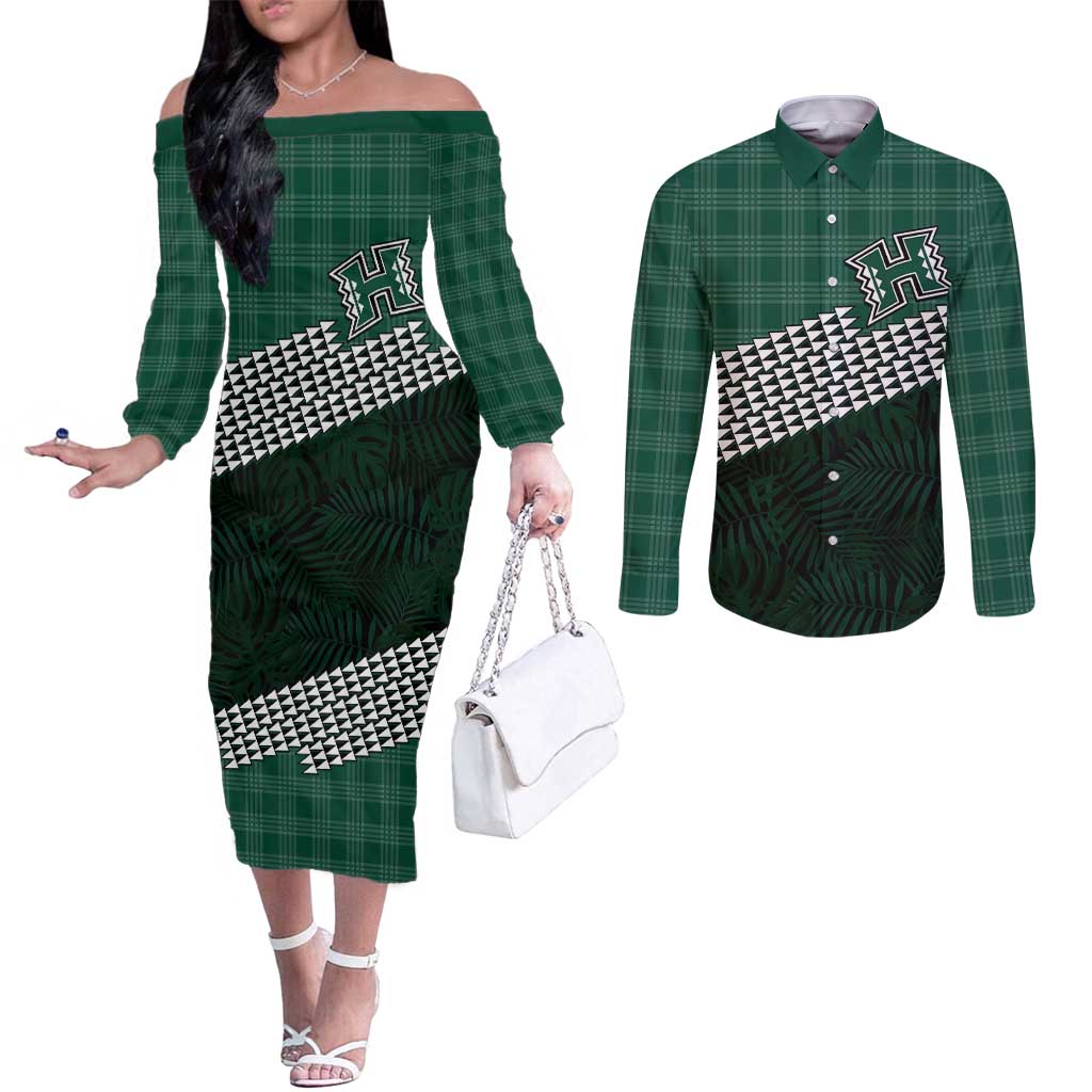 Rainbow Warriors Hawaii Personalized Palaka Couples Matching Off The Shoulder Long Sleeve Dress and Long Sleeve Button Shirt - Polynesian Pride