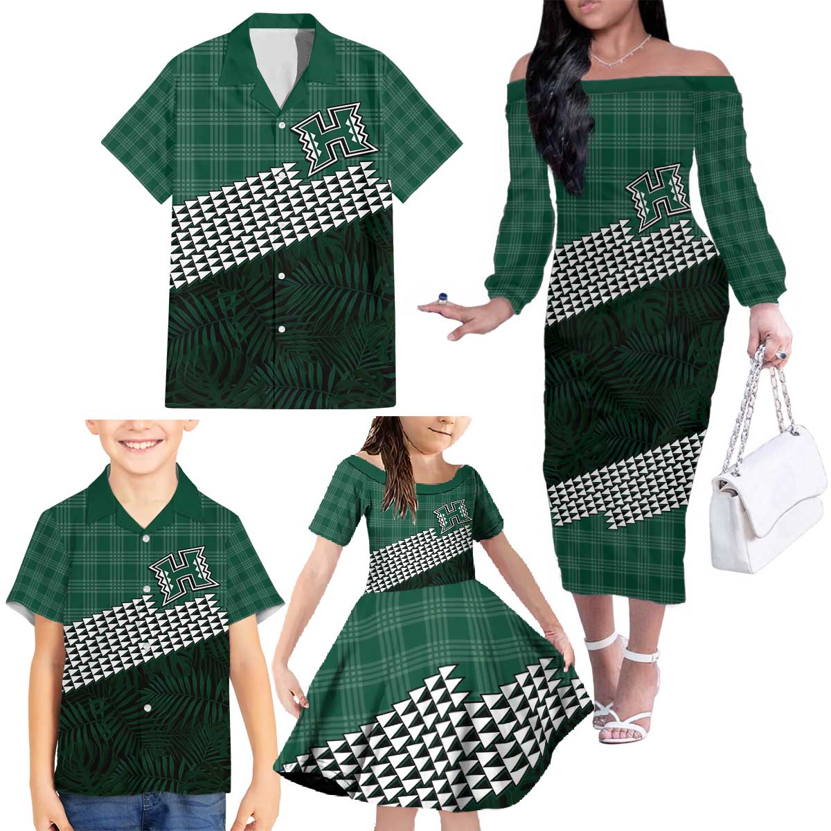 Rainbow Warriors Hawaii Personalized Palaka Family Matching Off The Shoulder Long Sleeve Dress and Hawaiian Shirt - Polynesian Pride