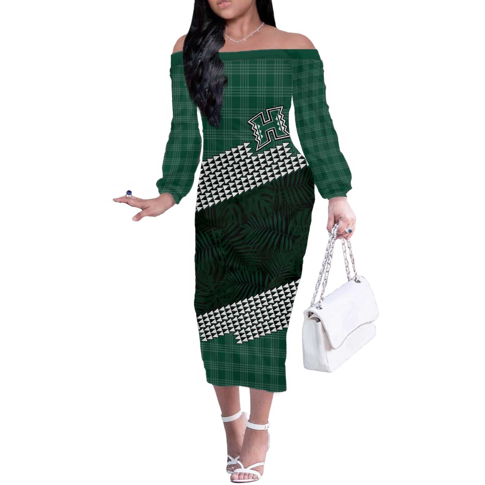 Rainbow Warriors Hawaii Personalized Palaka Off The Shoulder Long Sleeve Dress - Polynesian Pride