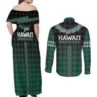 Rainbow Warriors Hawaii Palaka Couples Matching Off Shoulder Maxi Dress and Long Sleeve Button Shirt Maile Lei - Polynesian Pride